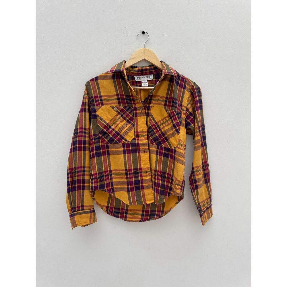 Vintage 90s Daniel Caron Women Petite Plaid Flannel Shirt Mustard Purple P